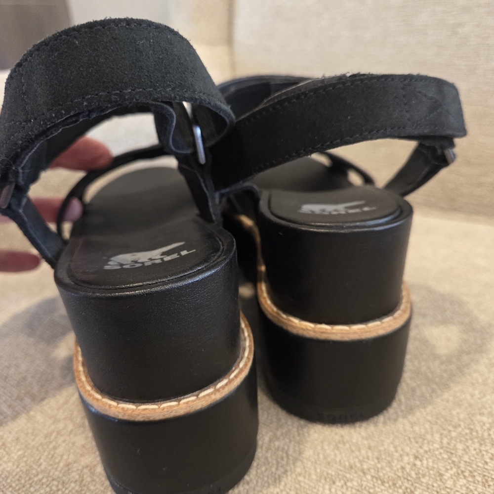 Sorel Joanie lV Black Sz 10 Leather Platform Wedge Sandals Adjustable Straps - Picture 9 of 13